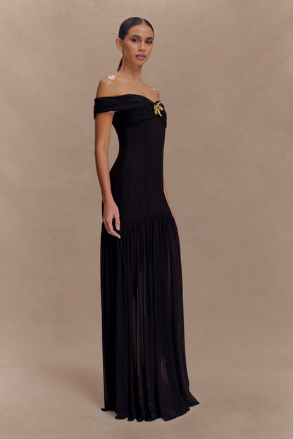 Robe maxi en crêpe à épaules dénudées Kellie - Noir