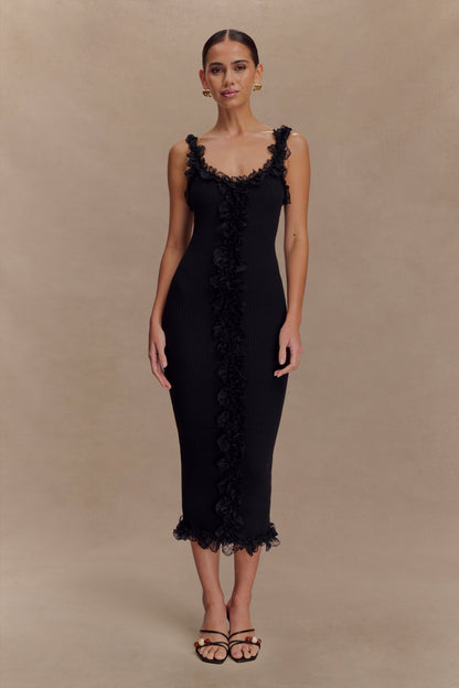 Robe mi-longue en jersey à volants et dentelle Shay - Noir