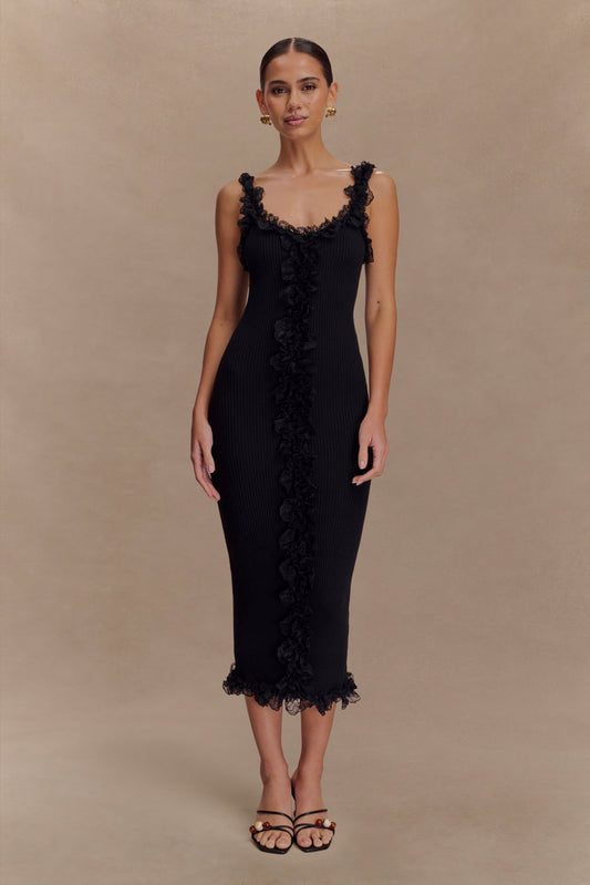 Robe mi-longue en jersey à volants et dentelle Shay - Noir