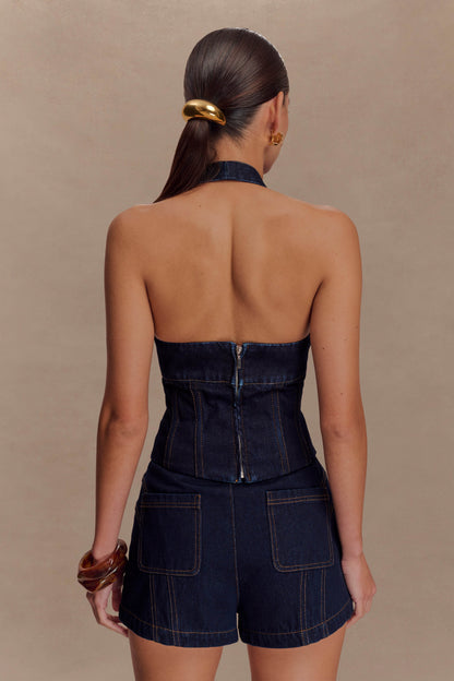 Haut-corset à porter en bandoulière en jean Meadow - Bleu indigo