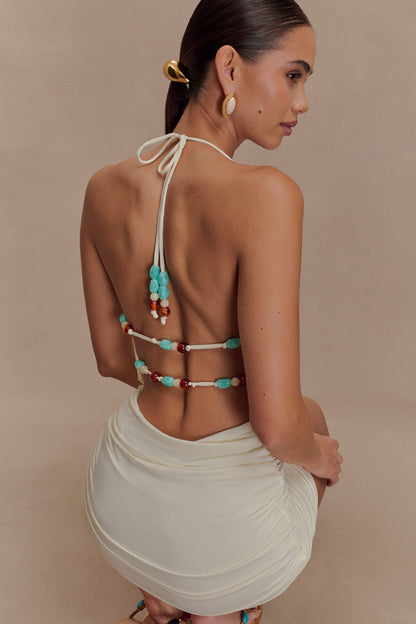 Mini-robe à col montant et perles Astraeus - Ivoire