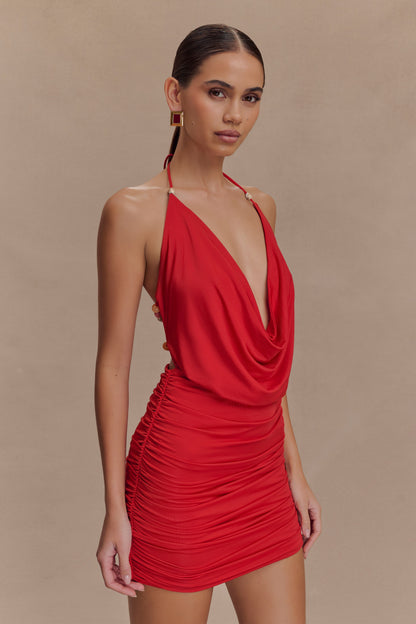 Mini-robe à col châle et perles Astraeus - Rouge désert