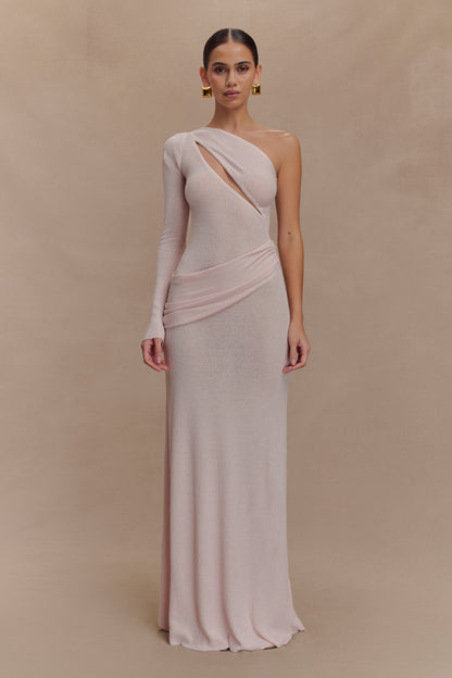 Robe Maxi Tricotée à Épaule Découverte Alexius - Rose Poussière