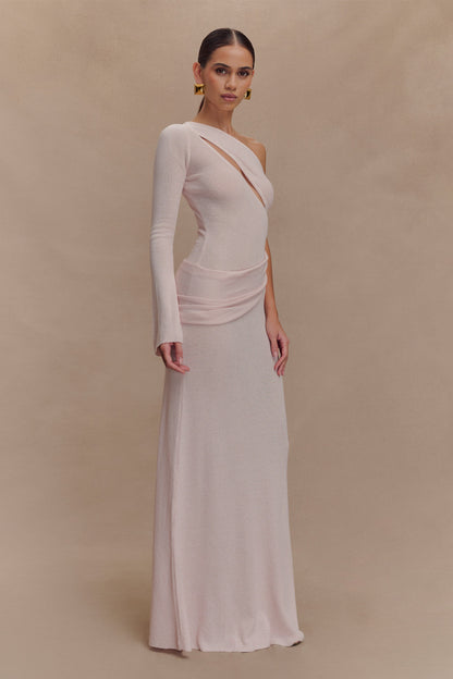 Robe Maxi Tricotée à Épaule Découverte Alexius - Rose Poussière
