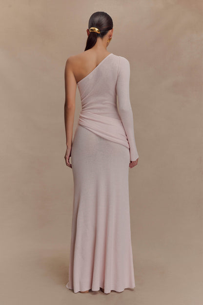 Robe Maxi Tricotée à Épaule Découverte Alexius - Rose Poussière