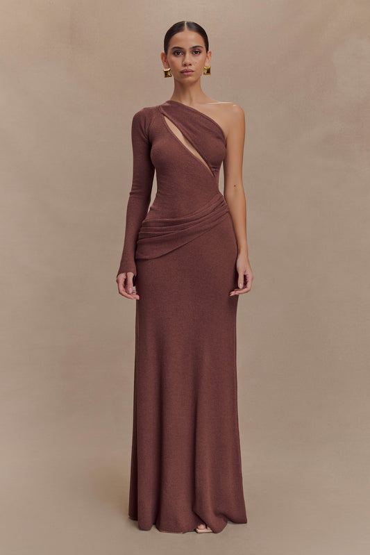 Robe Maxi Tricotée à Épaule Découverte Alexius - Muscade