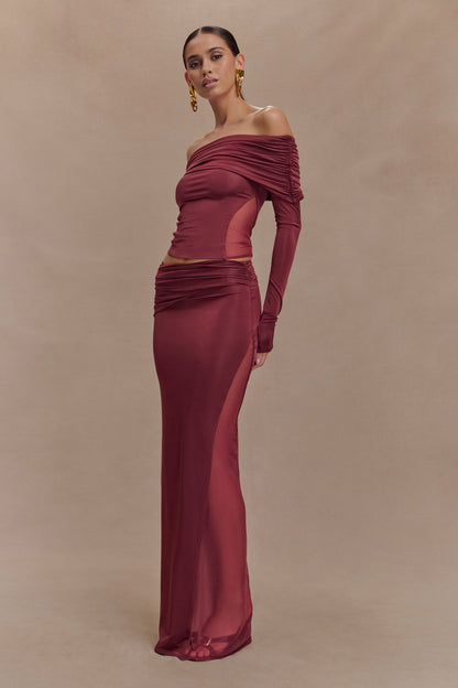 Jupe Maxi en Mousseline et Maille Judy - Vin Rouge