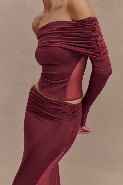 Top épaules dénudées en mousseline et maille Judy Slinky - Vin rouge