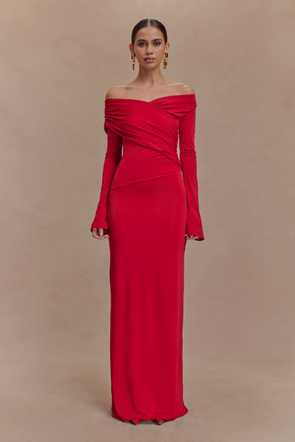 Therese Off Shoulder Ruched Maxi Dress - Red