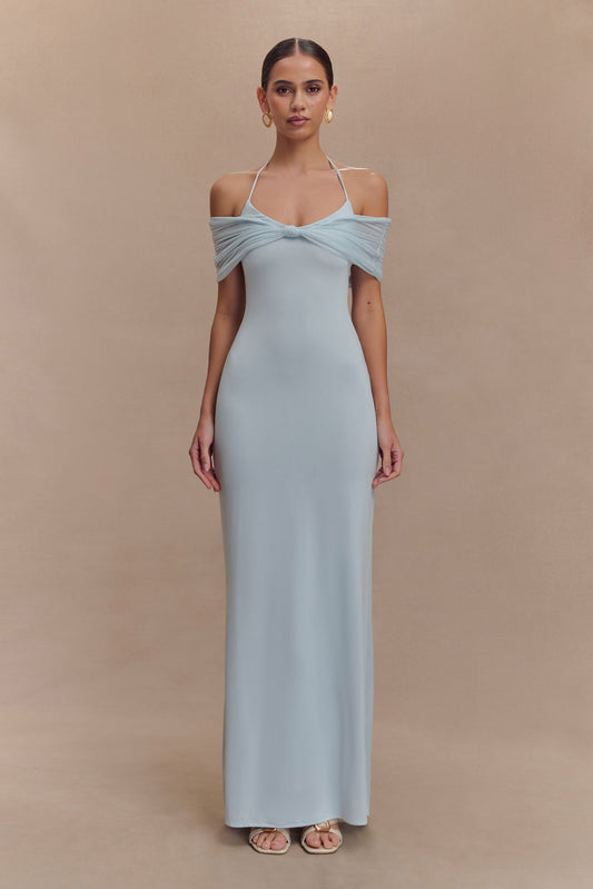 Bernadina Robe Maxi Halter en Maille et Tissu Élastique - Bleu Clair