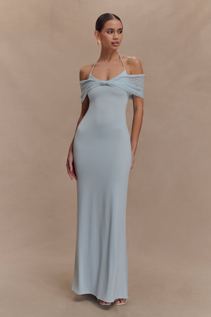 Bernadina Robe Maxi Halter en Maille et Tissu Élastique - Bleu Clair