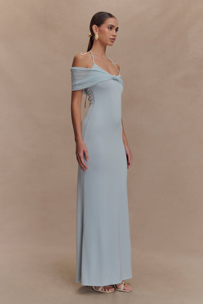 Bernadina Robe Maxi Halter en Maille et Tissu Élastique - Bleu Clair