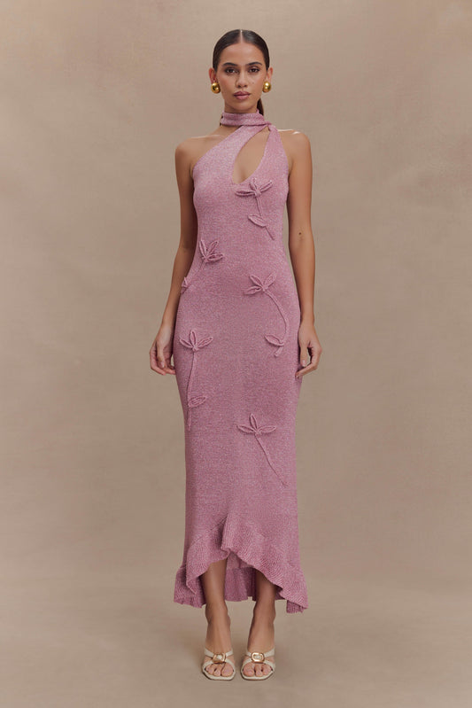Robe Maxi en Tricot Métallique à Motifs Floraux Celestino - Rose