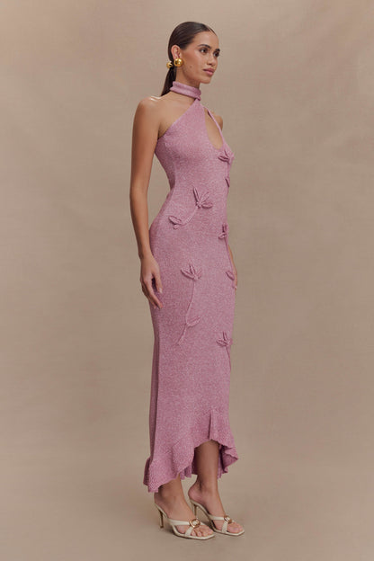 Robe Maxi en Tricot Métallique à Motifs Floraux Celestino - Rose