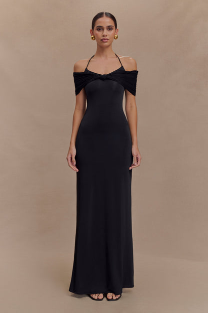 Bernadina Robe Maxi Halter en Maille et Tissu Élastique - Noir