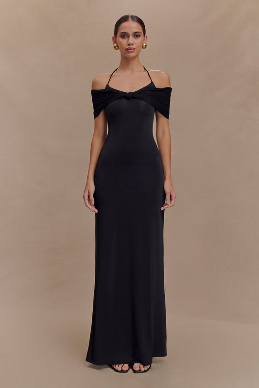 Bernadina Robe Maxi Halter en Maille et Tissu Élastique - Noir