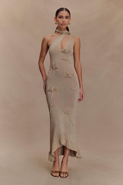 Robe Maxi en Tricot Métallique à Motifs Floraux Celestino - Or