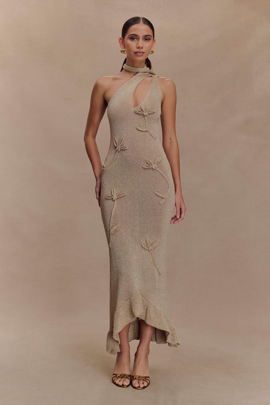 Robe Maxi en Tricot Métallique à Motifs Floraux Celestino - Or