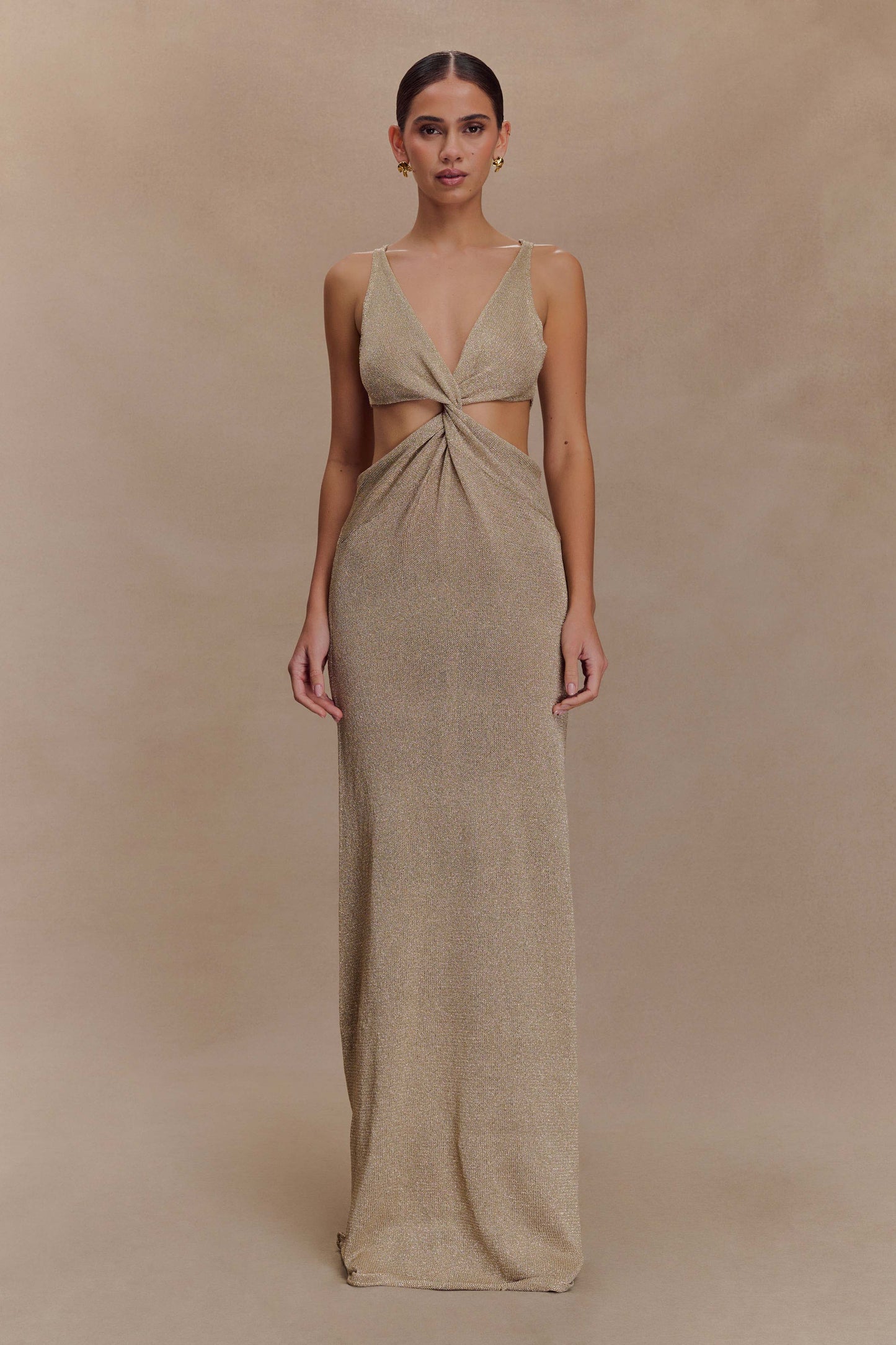 Robe Maxi Tricotée Métallique à Faille Gracelyn - Or