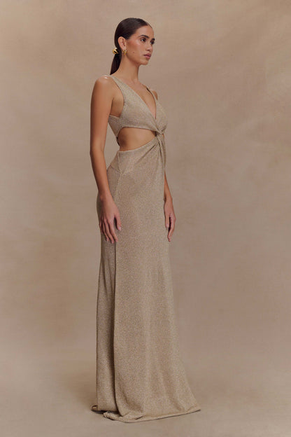 Robe Maxi Tricotée Métallique à Faille Gracelyn - Or