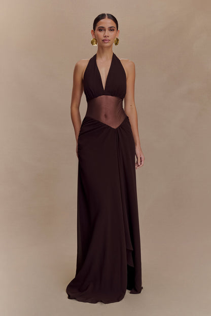 Jonna Robe Maxi en Chiffon et Maille - Chocolat Noir