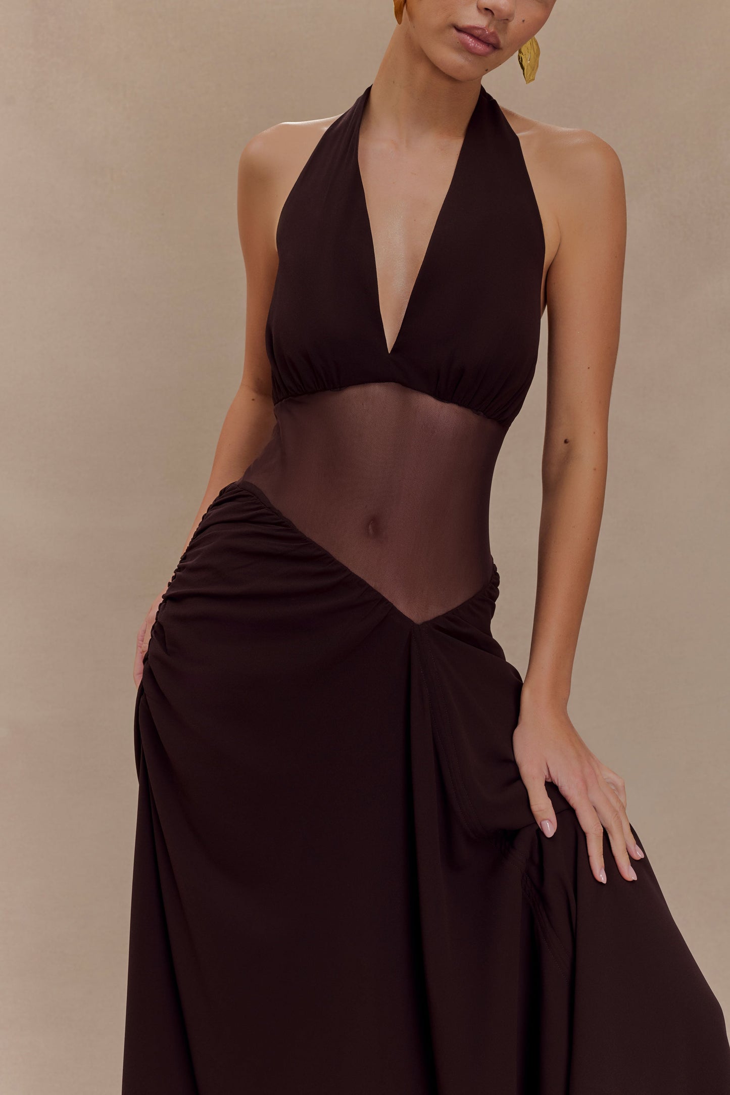 Jonna Robe Maxi en Chiffon et Maille - Chocolat Noir
