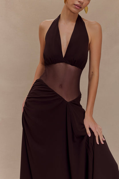 Jonna Robe Maxi en Chiffon et Maille - Chocolat Noir