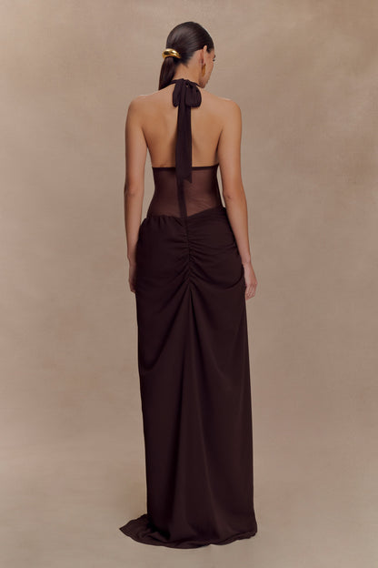 Jonna Robe Maxi en Chiffon et Maille - Chocolat Noir