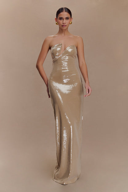 Robe Maxi sans Bretelles à Paillettes Winston - Taupe