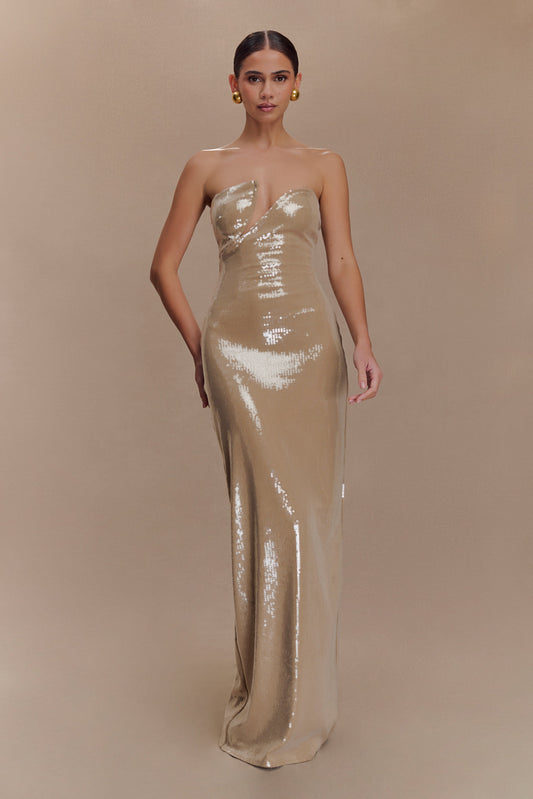 Robe Maxi sans Bretelles à Paillettes Winston - Taupe
