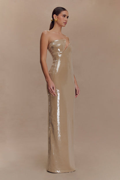 Robe Maxi sans Bretelles à Paillettes Winston - Taupe