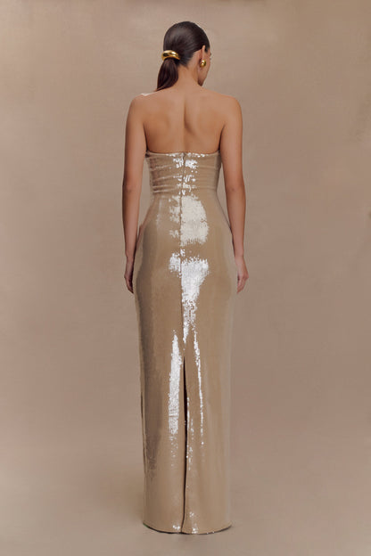 Robe Maxi sans Bretelles à Paillettes Winston - Taupe