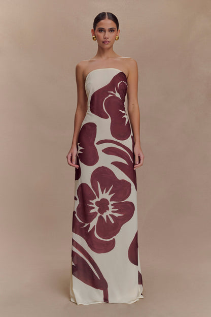 Robe Maxi en Chiffon sans Bretelles Amaya - Imprimé Fleur Déco Brun