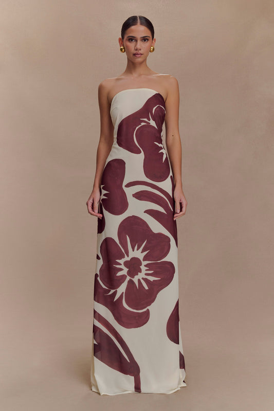Robe Maxi en Chiffon sans Bretelles Amaya - Imprimé Fleur Déco Brun