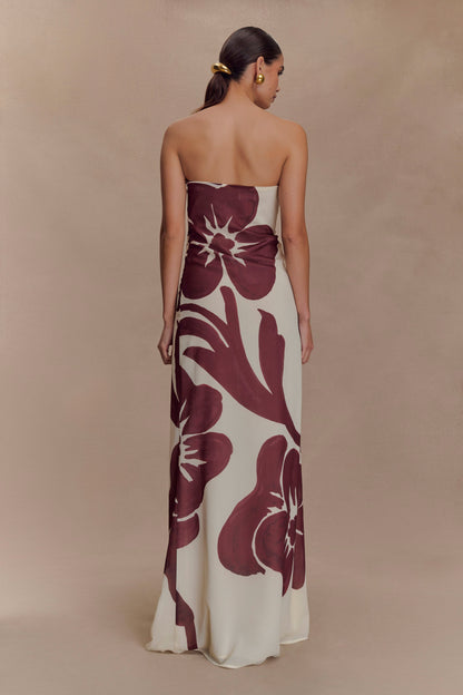 Robe Maxi en Chiffon sans Bretelles Amaya - Imprimé Fleur Déco Brun
