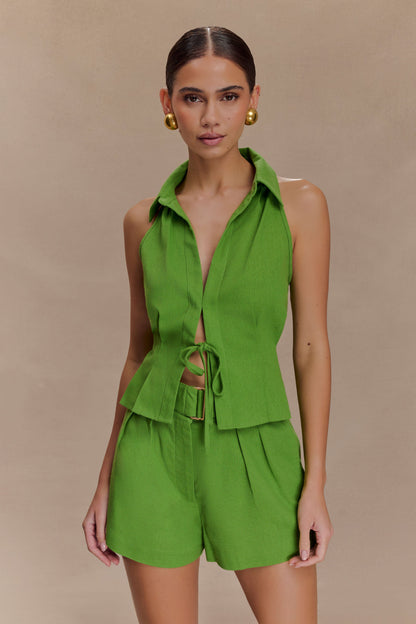 Shorts en lin avec ceinture - Vert