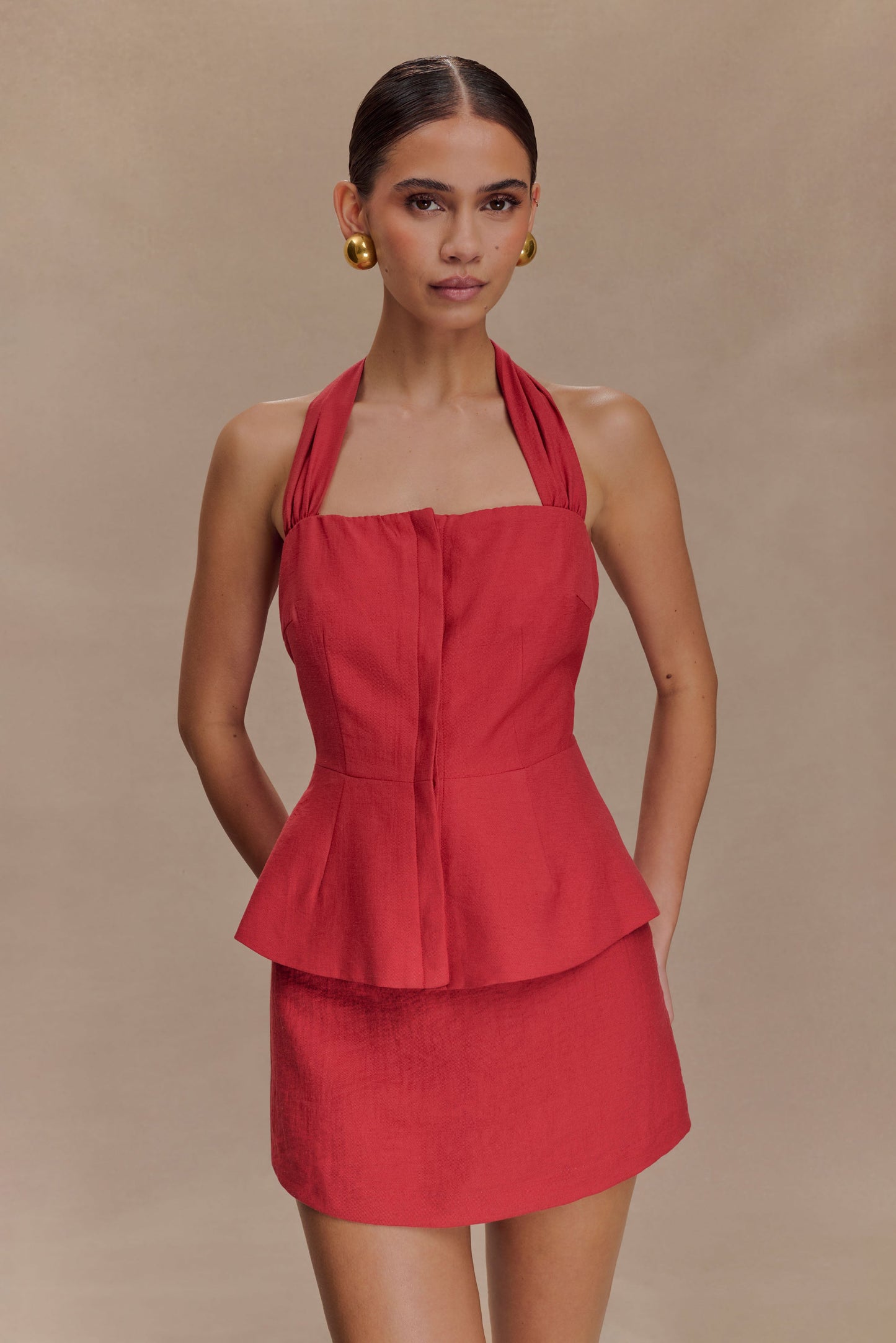 Halter à volants en lin Kallie - Rose brûlé