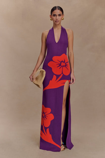 Robe Maxi à Manches Frangées en Tricot Stacy - Violet/Rouge