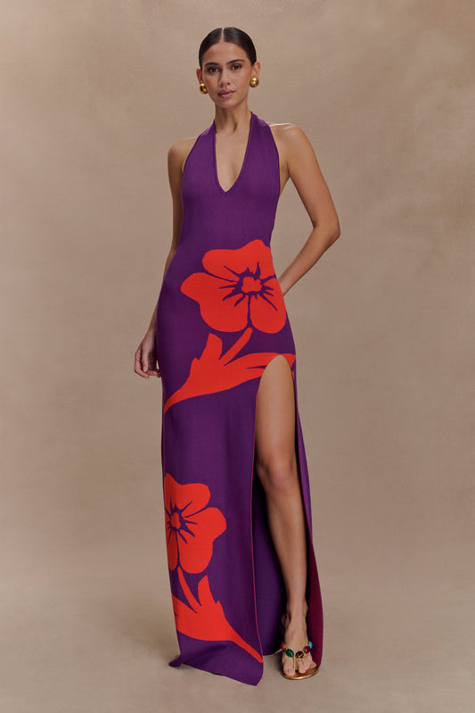Robe Maxi à Manches Frangées en Tricot Stacy - Violet/Rouge