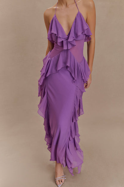 Robe midi en mousseline de soie à volants Aleyna - Violette