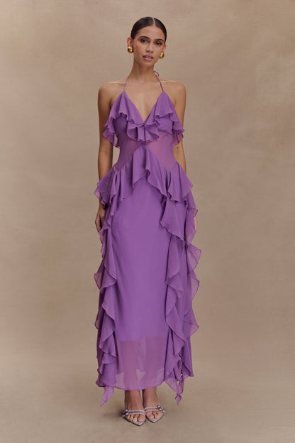 Robe midi en mousseline de soie à volants Aleyna - Violette