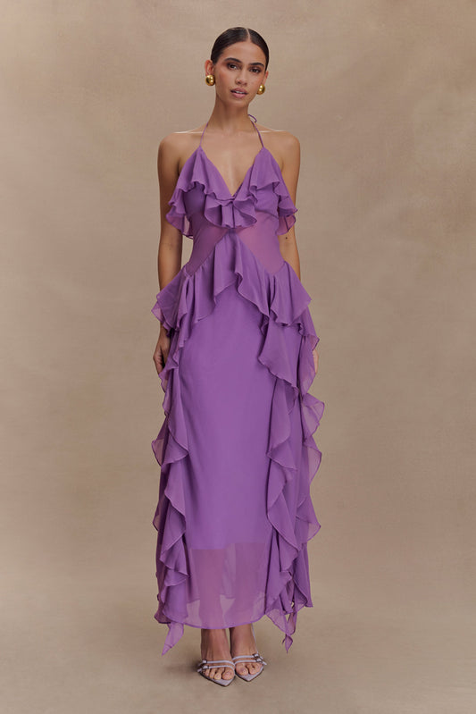 Robe midi en mousseline de soie à volants Aleyna - Violette