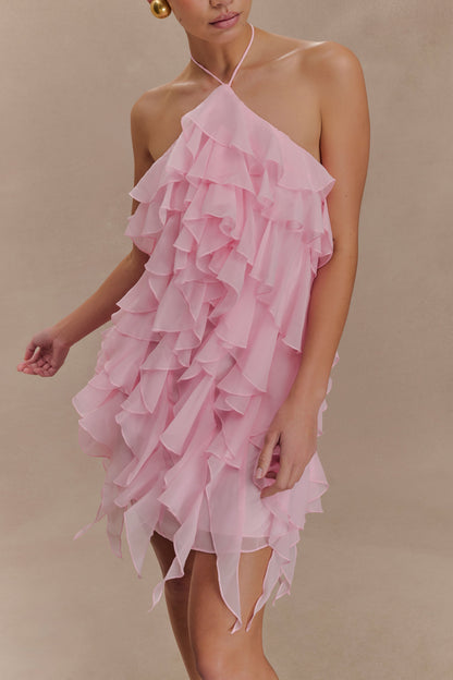 Mini-robe halter à volants Marigold - Rose Poudré