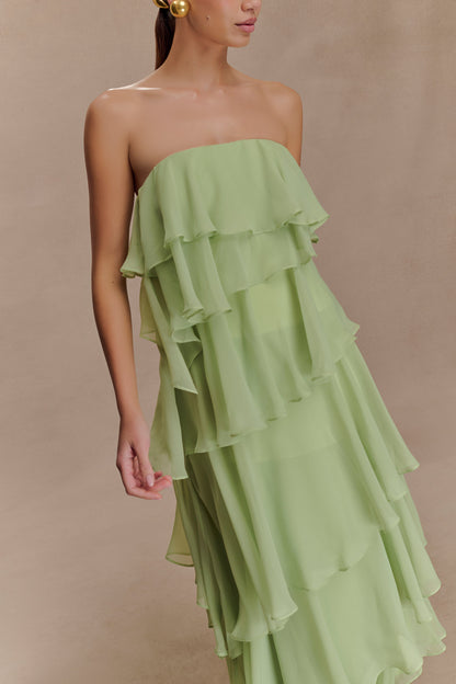Robe Maxi Alexa en Chiffon à Volants - Vert Citron Pastel