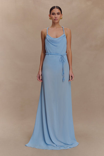 Robe Maxi en Chiffon Perlée Elaine - Bleu Ciel