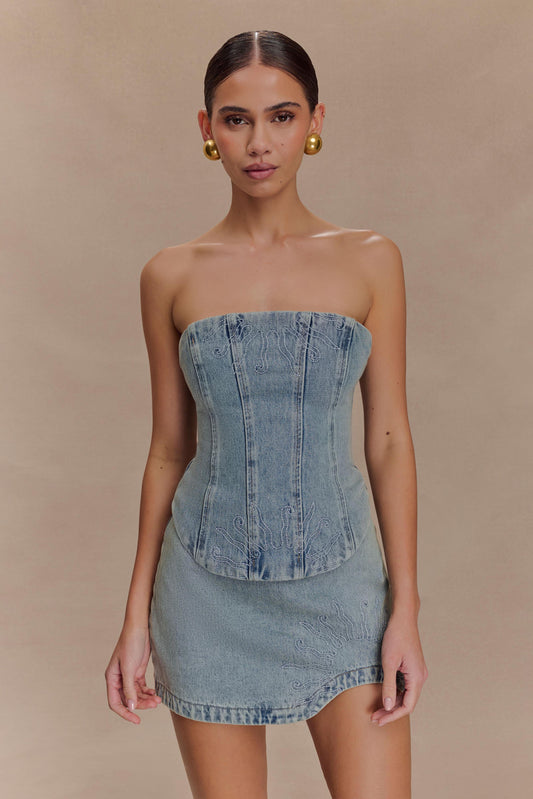 Corset en jean brodé Alessia - Vintage clair
