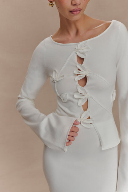 Top en tricot à manches longues à motifs floraux Alejandra - Blanc