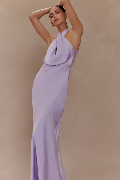 Robe Maxi Halter en Satin Phyllis - Lilas