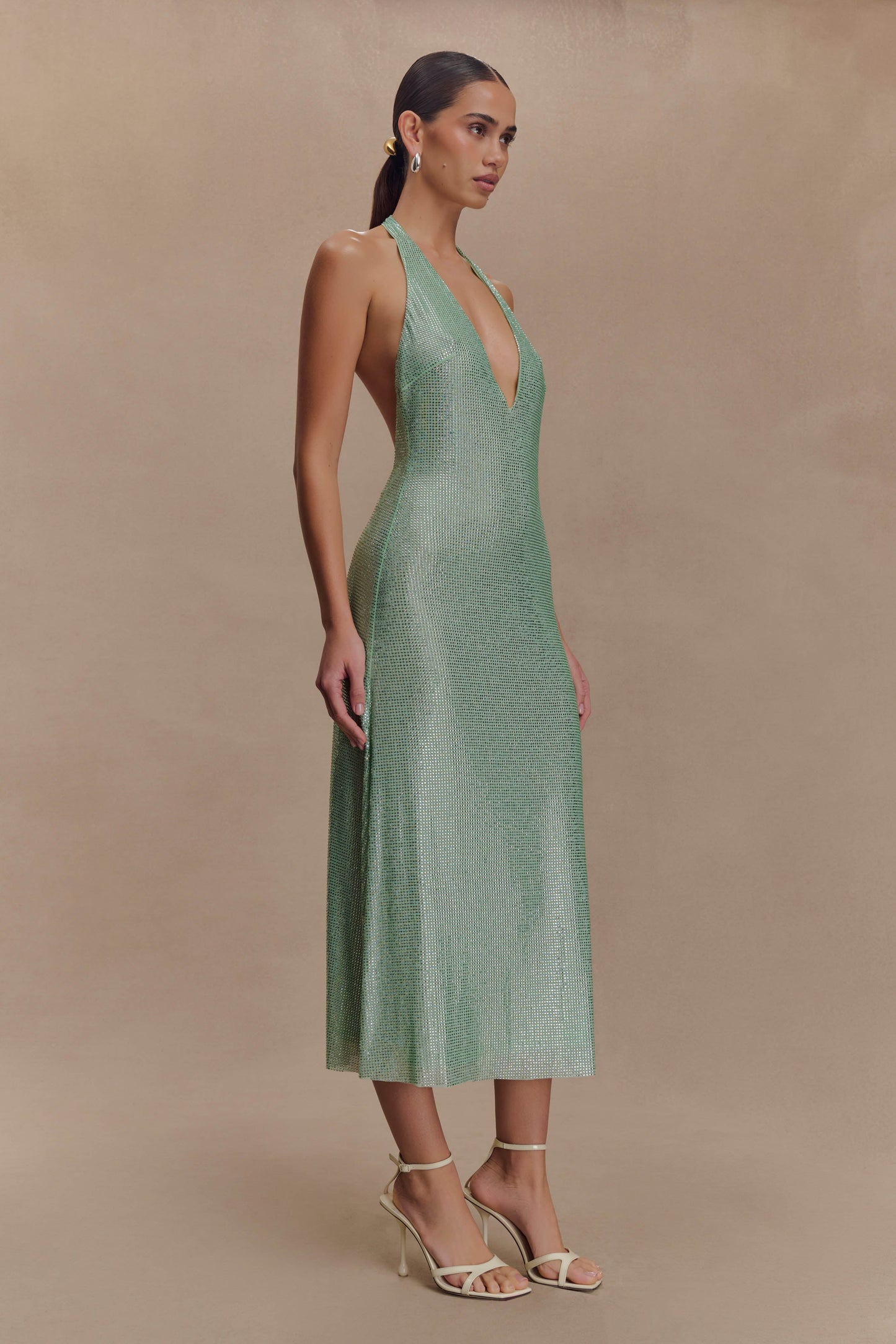 Genie Diamante Robe Midi à Manches Frangées - Menthe