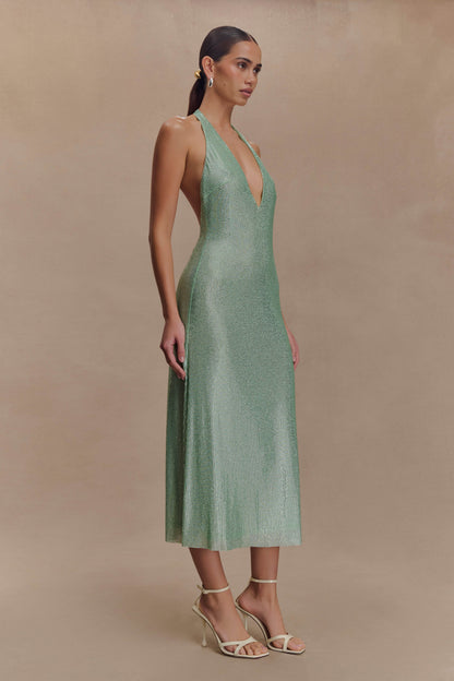 Genie Diamante Robe Midi à Manches Frangées - Menthe